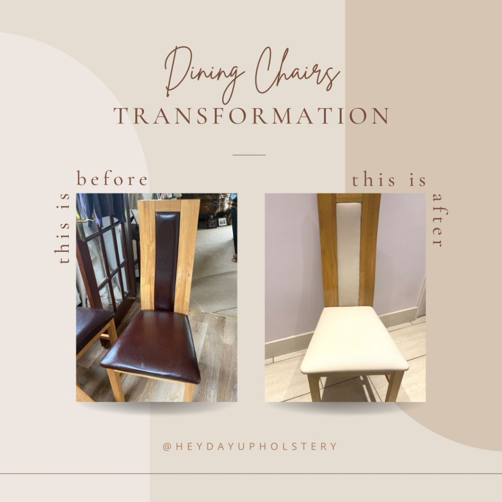 A Heyday Upholstery work example showcasing the reupholstery service of some dining room chairs.