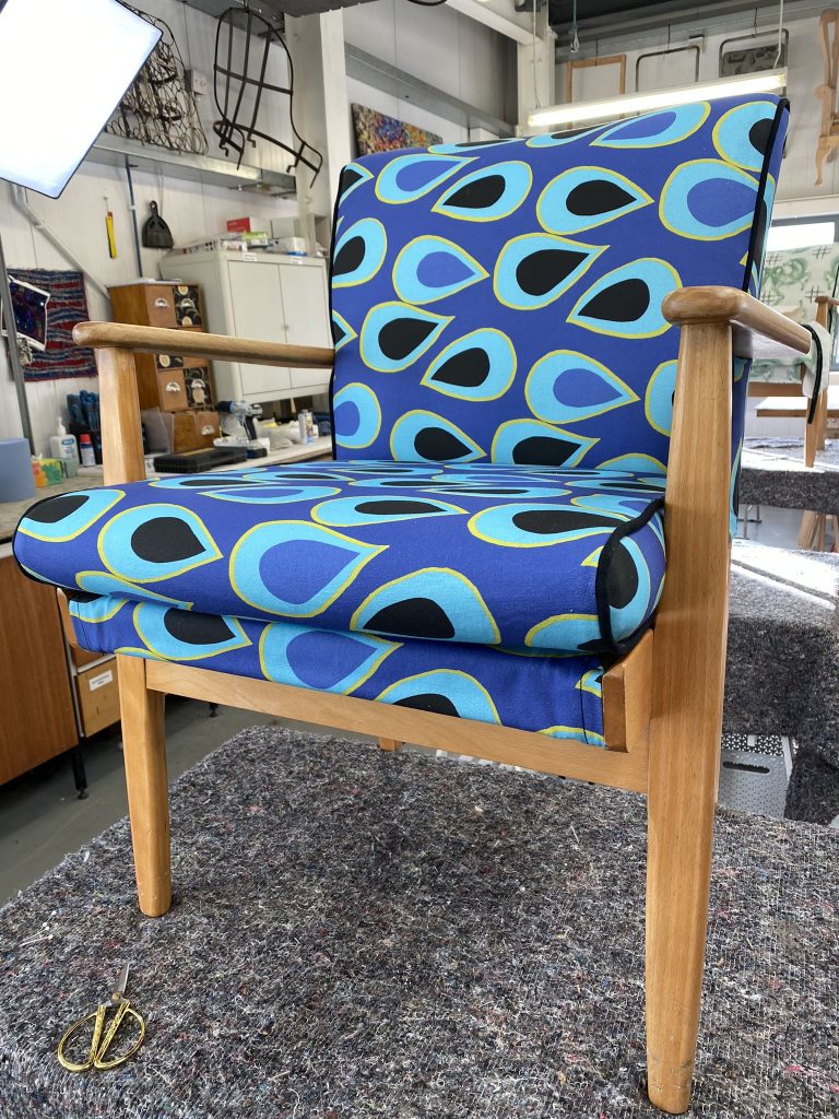 Parker Knoll chair reupholstered by Heyday Upholstery using a fabric designed by Heyday Upholstery