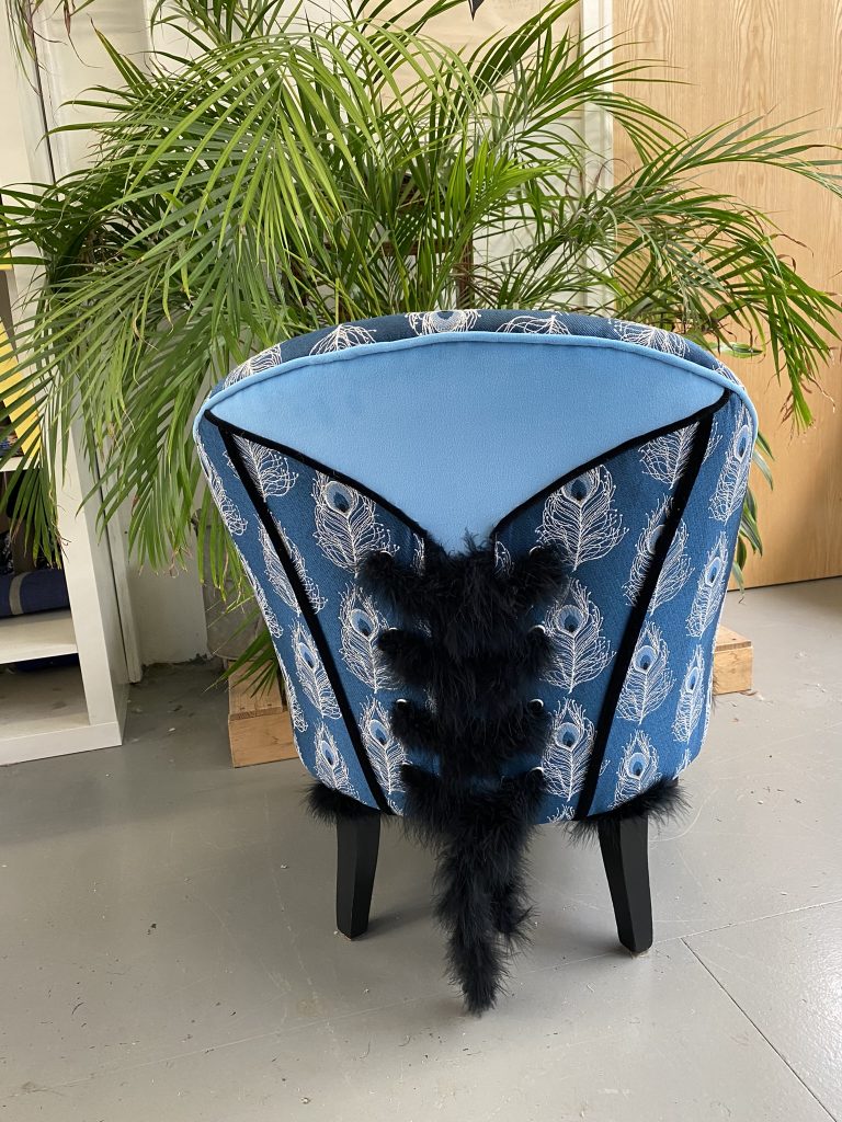 Back view of the French crapaud reupholstered by Heyday Upholstery