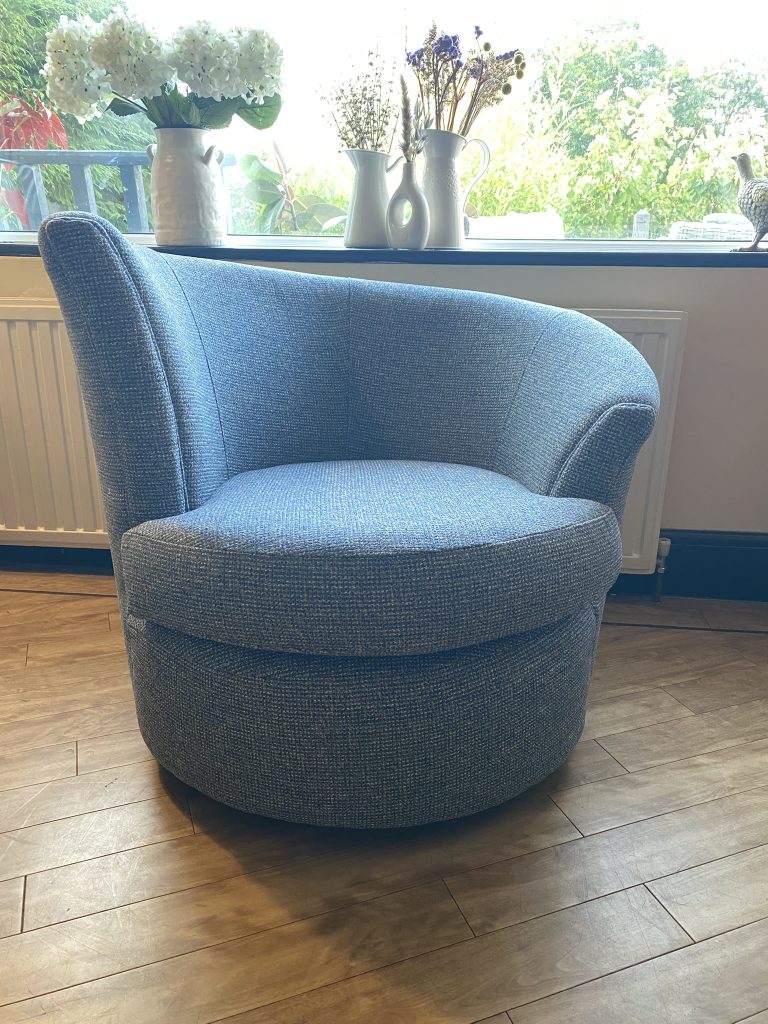 This wave chair has been reupholstered by Heyday Upholstery for a sea facing room in an AirBnB